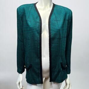 Cricket Lane Vintage Teal Green Plaid Open Front Blazer Size 14 USA Made